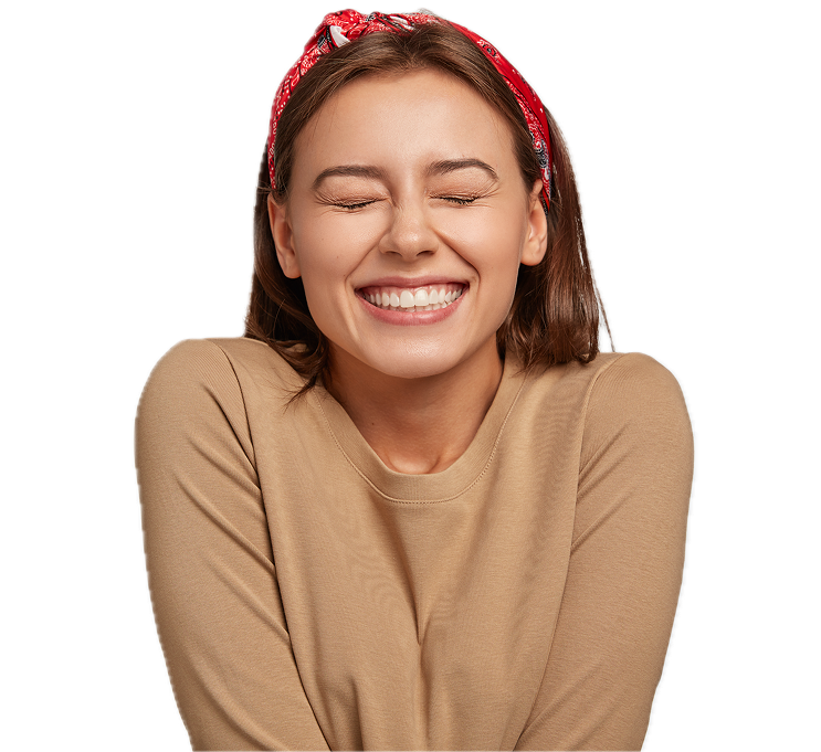 A Happy Woman With A Red Bandana Smiling With Her Eyes Closed