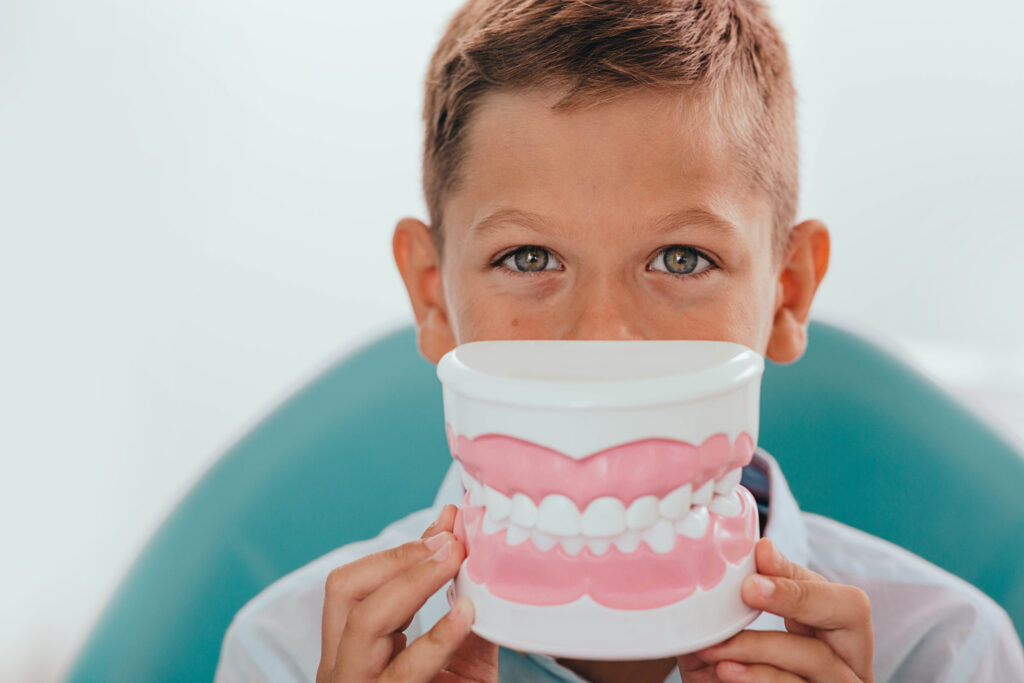 Kid Smiling With A Dental Model Posed In Front Of His Mouth